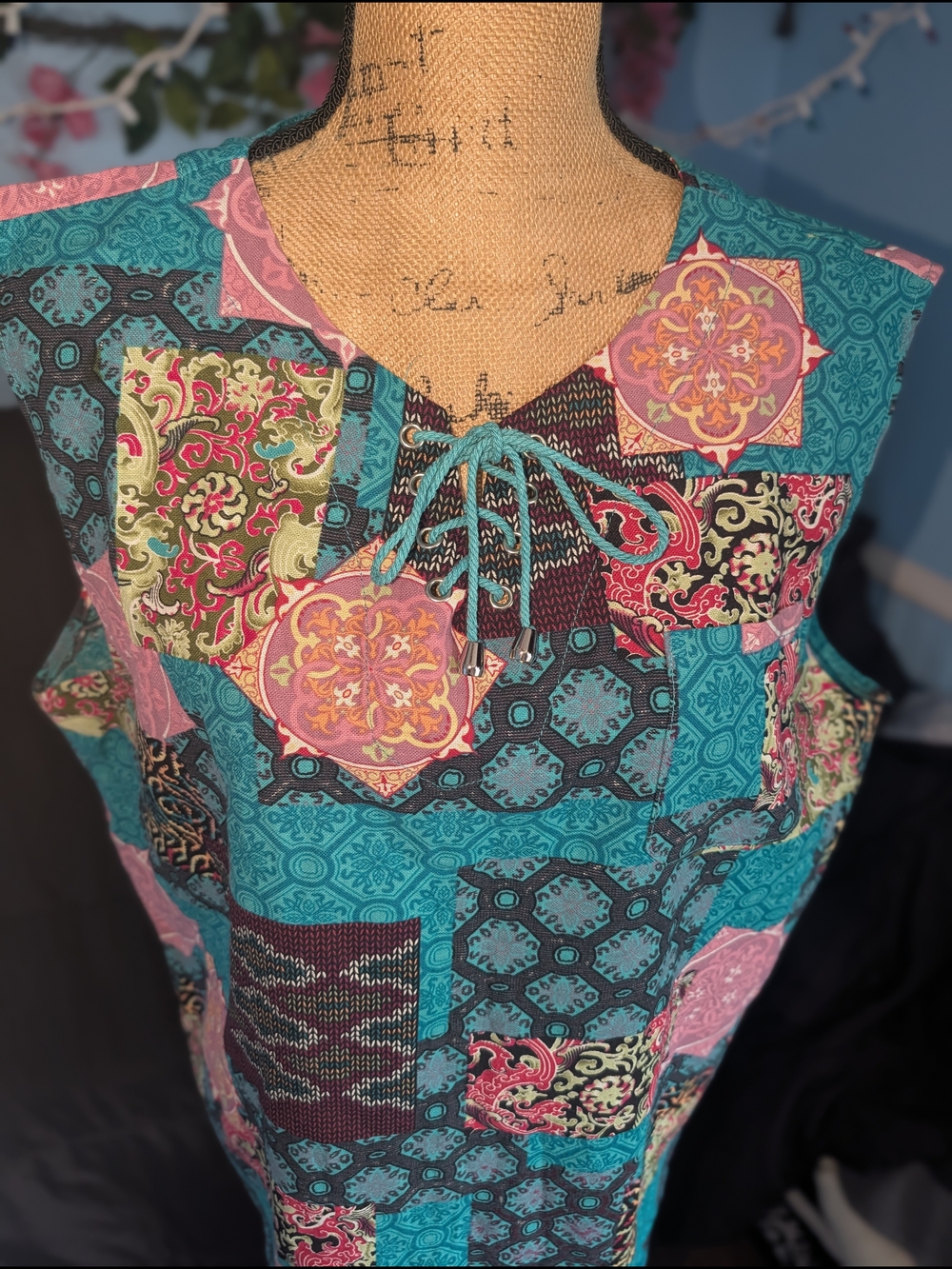 Patchwork Print Sleeveless Tunic in Teal and Pink